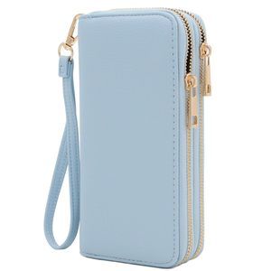 Double Zip Around Pu Leather Wristlet Cell Phone Wallet Lht Blue B)